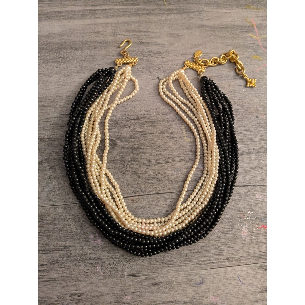Talbots Womens Multi Strand Faux Pearl Statement Necklace Black Cream Gold Tone